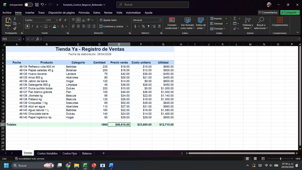Excel en tienda de abarrotes