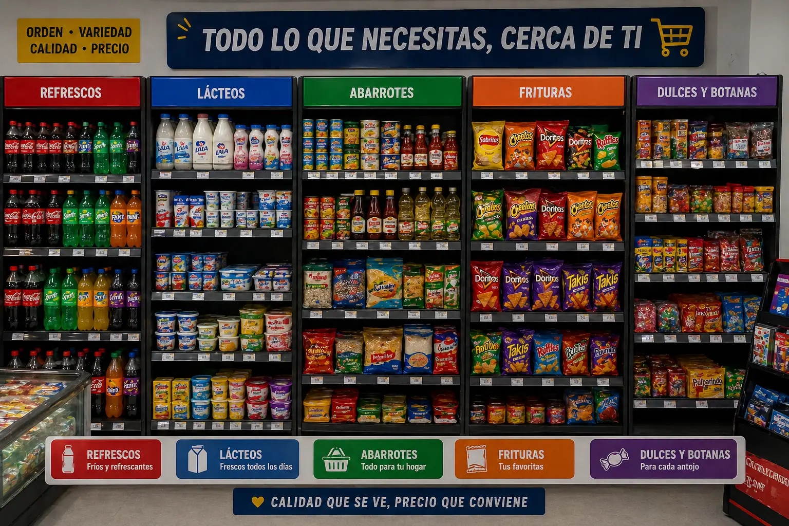Categorías claras en tienda de abarrotes